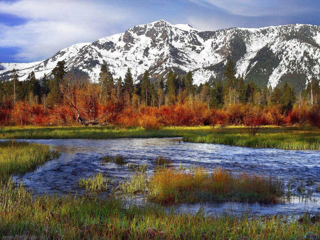 Rocky Mountain With Water Surrounding Patches Of Grass Wallpaper