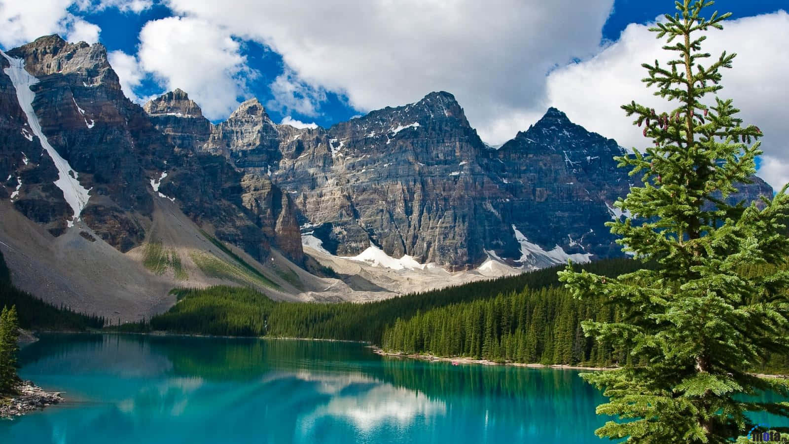 Vistadel Lago Delle Montagne Rocciose - Paesaggio Sfondo