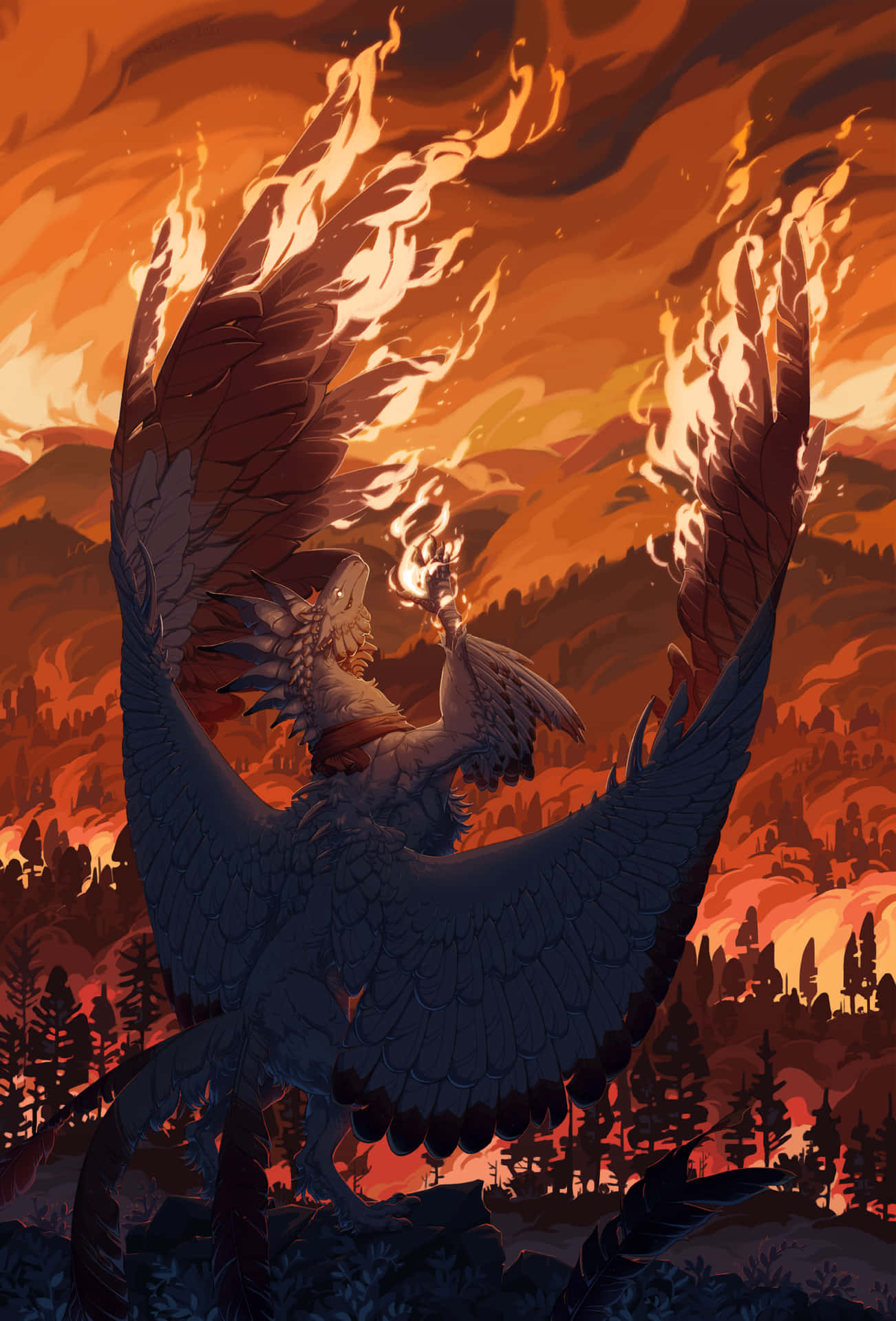 En fugl med vinger i himlen med ild nedenunder. Wallpaper