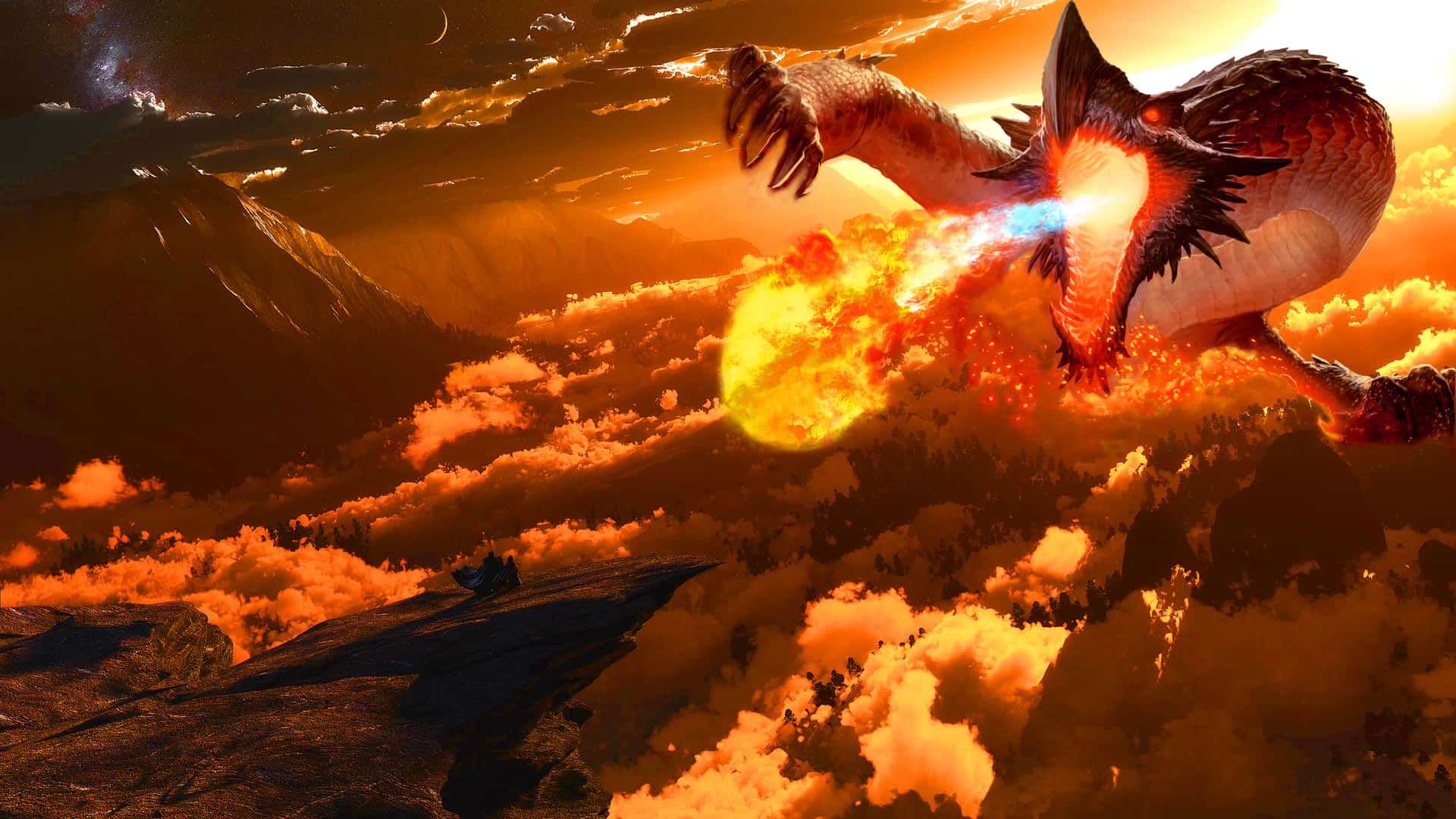 En drage, der flyver i himlen med ild i munden. Wallpaper
