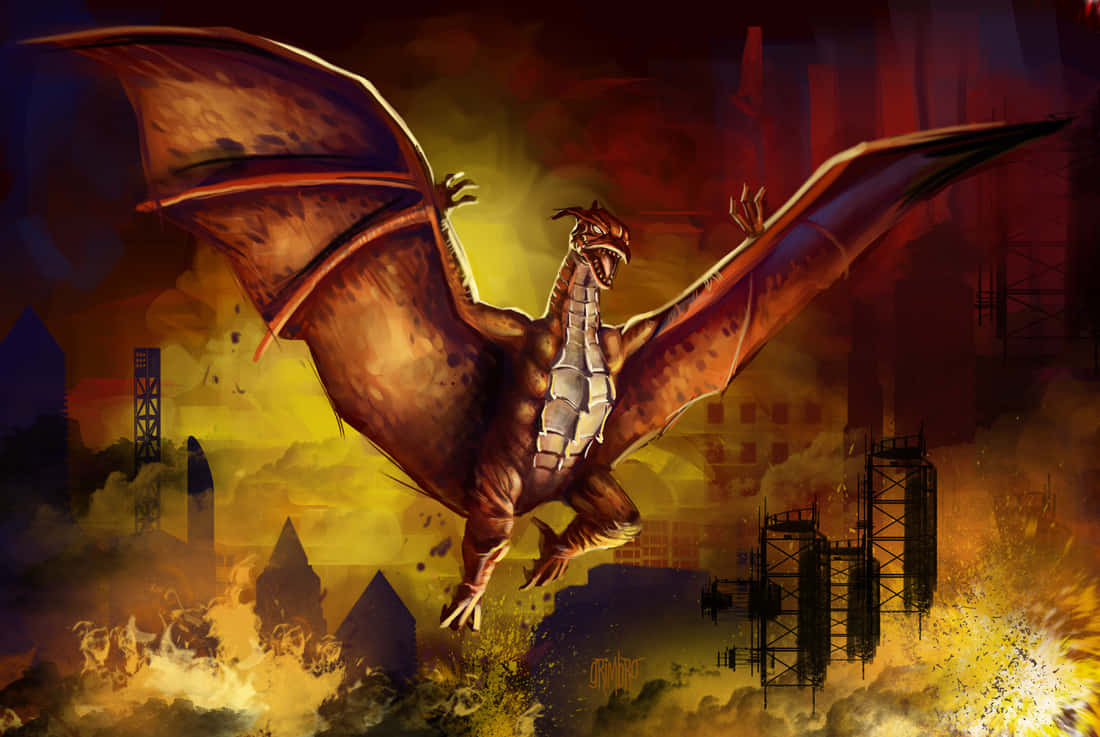 A Dragon Flying Over A City With Smoke And Fire Wallpaper