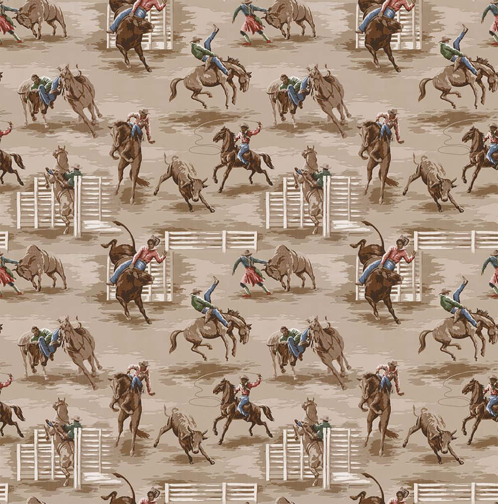 Et mønster med cowboyer og cowgirls med heste og cowboys mod et baggrundsbillede af kaktusser. Wallpaper