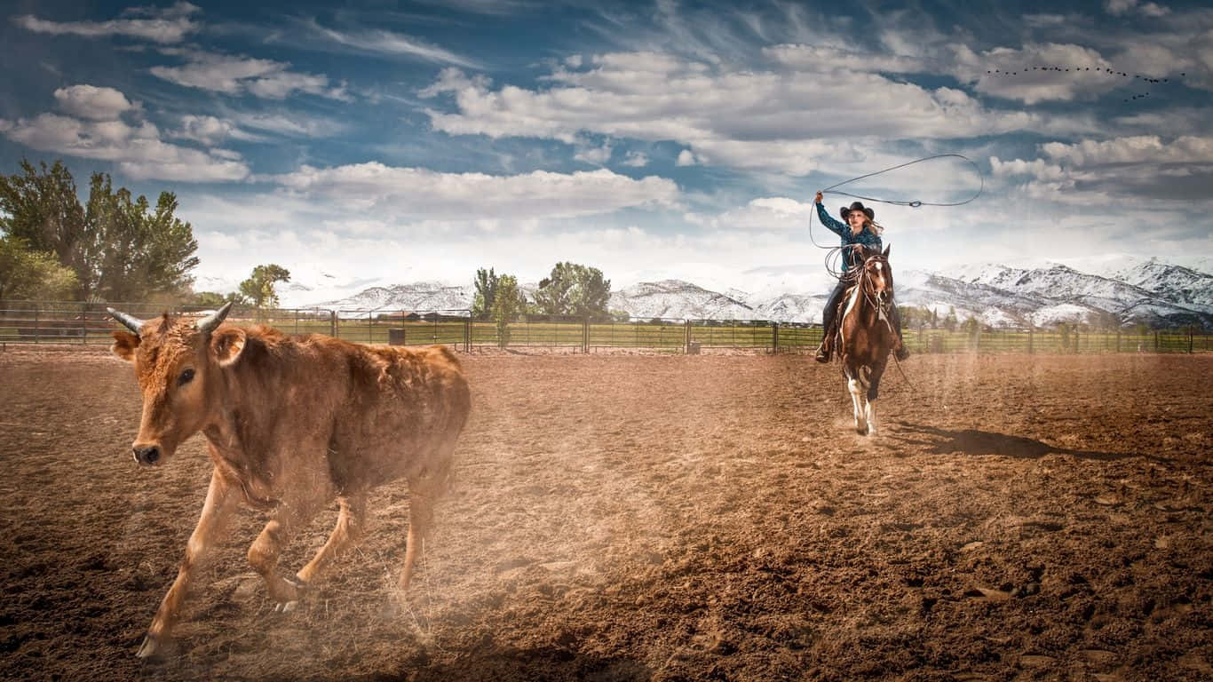 Eincowboy, Der Bei Einem Rodeo Einen Steer Mit Dem Lasso Einfängt. Wallpaper