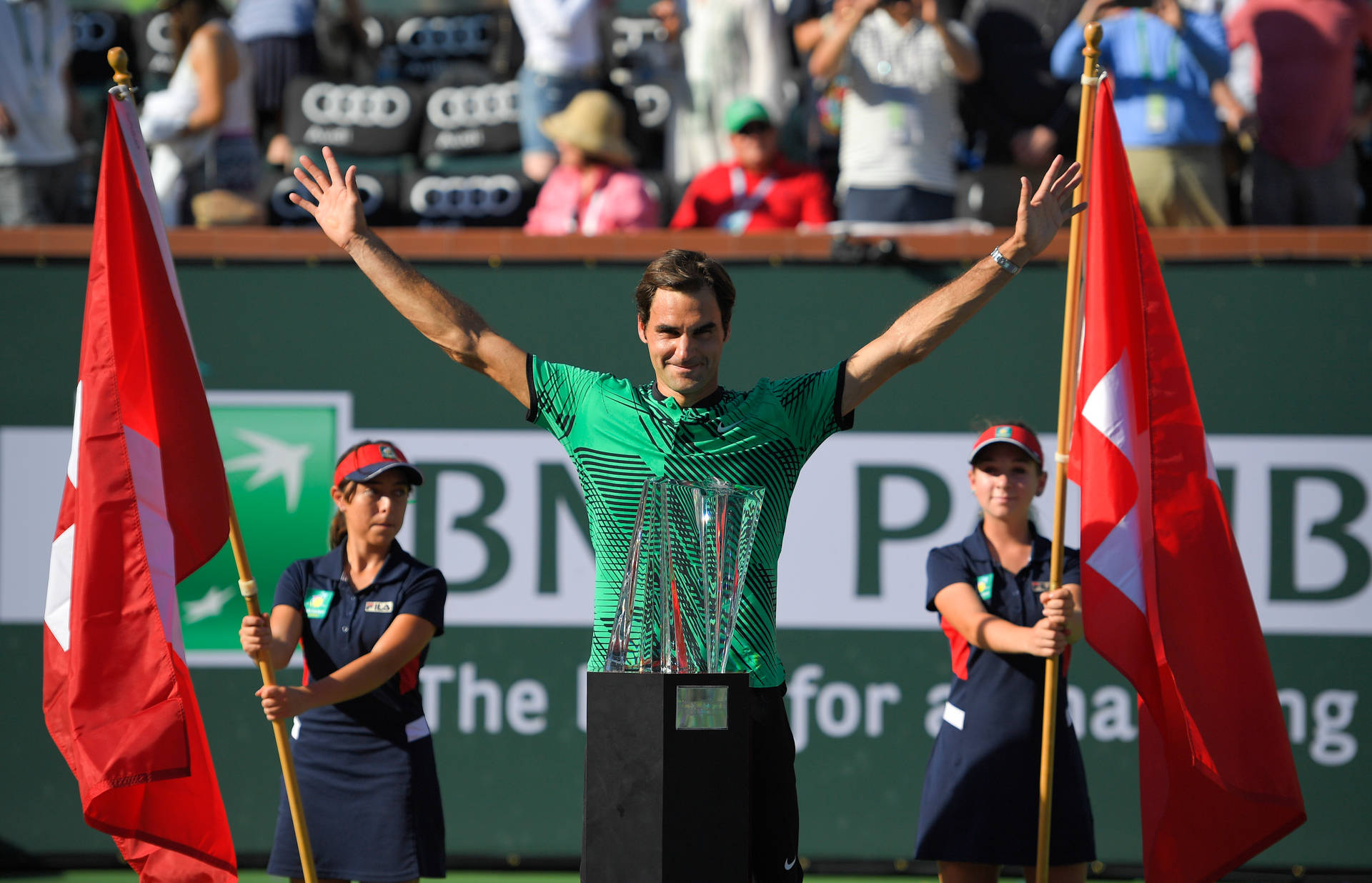 Roger Federer Con Due Bandiere Sfondo