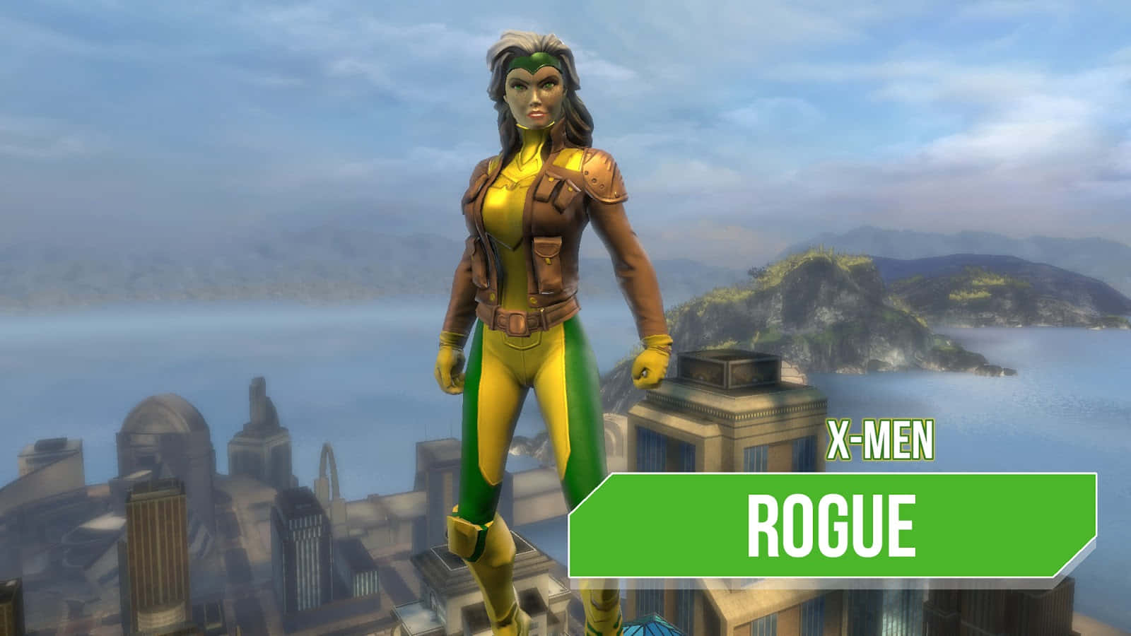 A Woman In A Yellow And Green Costume Is Standing On A City Wallpaper