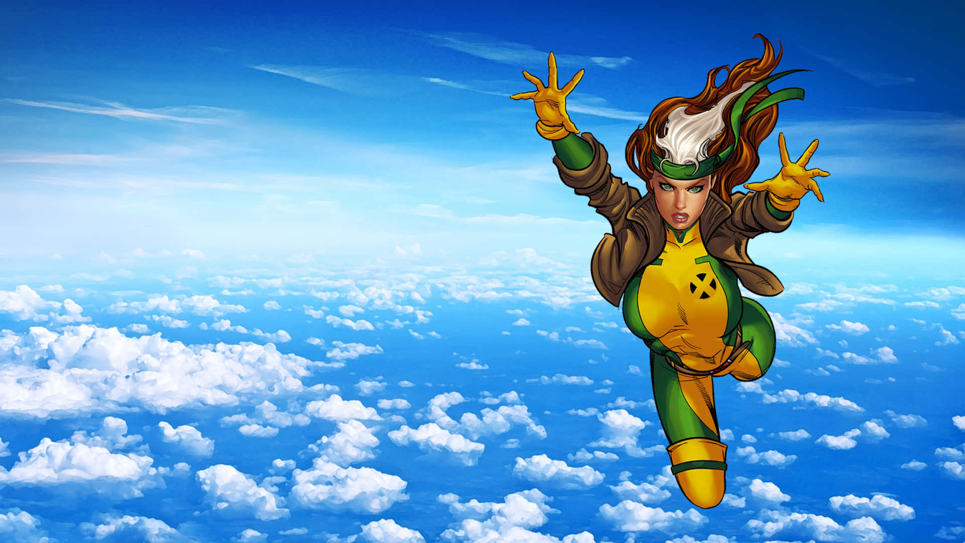 A Woman Flying In The Sky With Her Arms Out Wallpaper