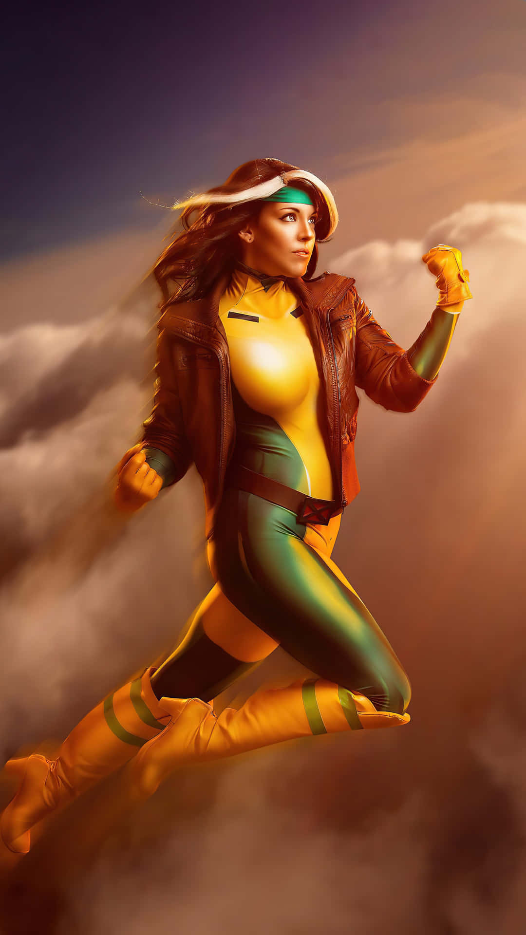 En kvinde i en gul og grøn kostume der flyver igennem skyerne Wallpaper