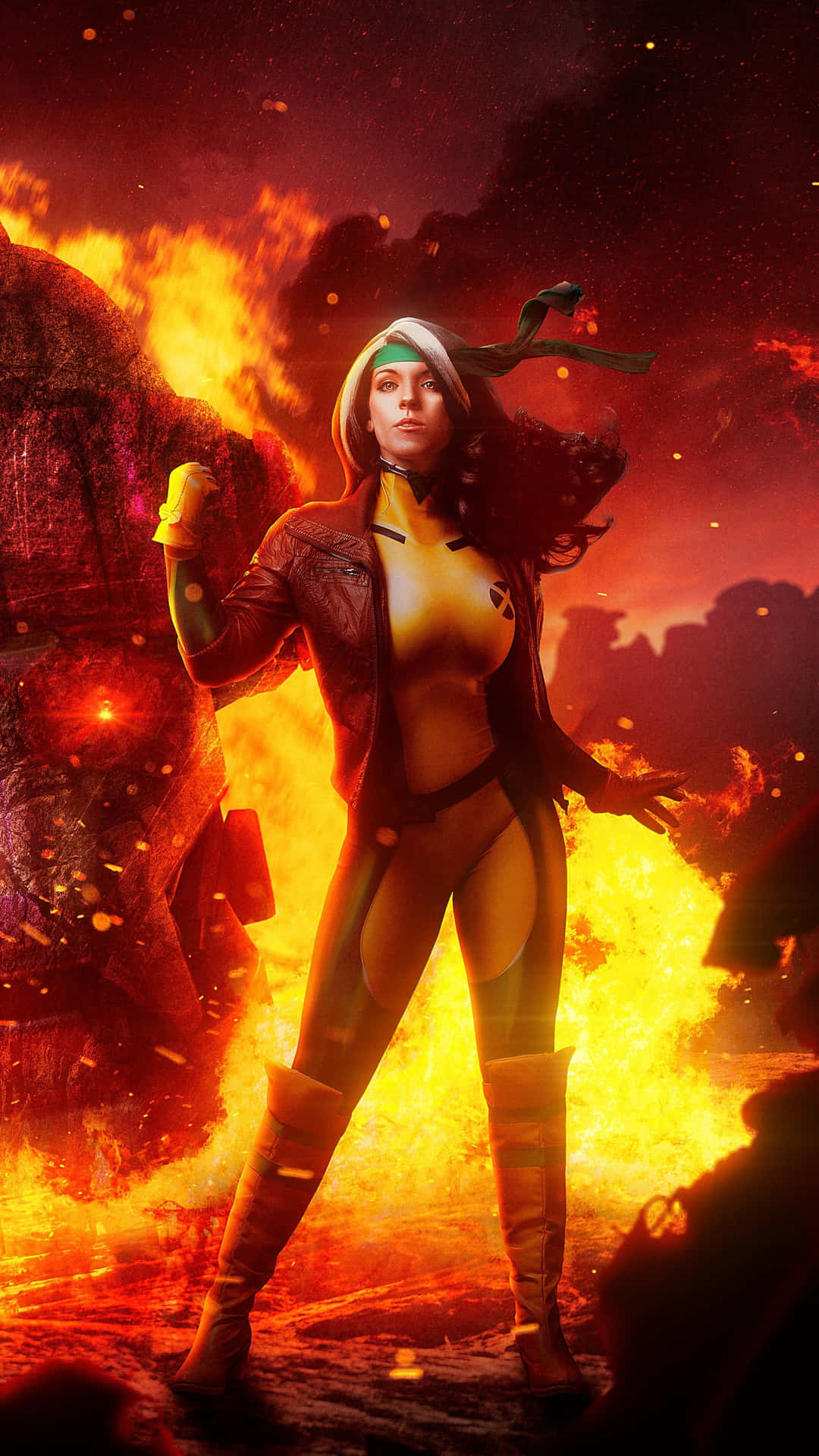 A Woman In A Yellow Costume Standing In Front Of A Fire Wallpaper