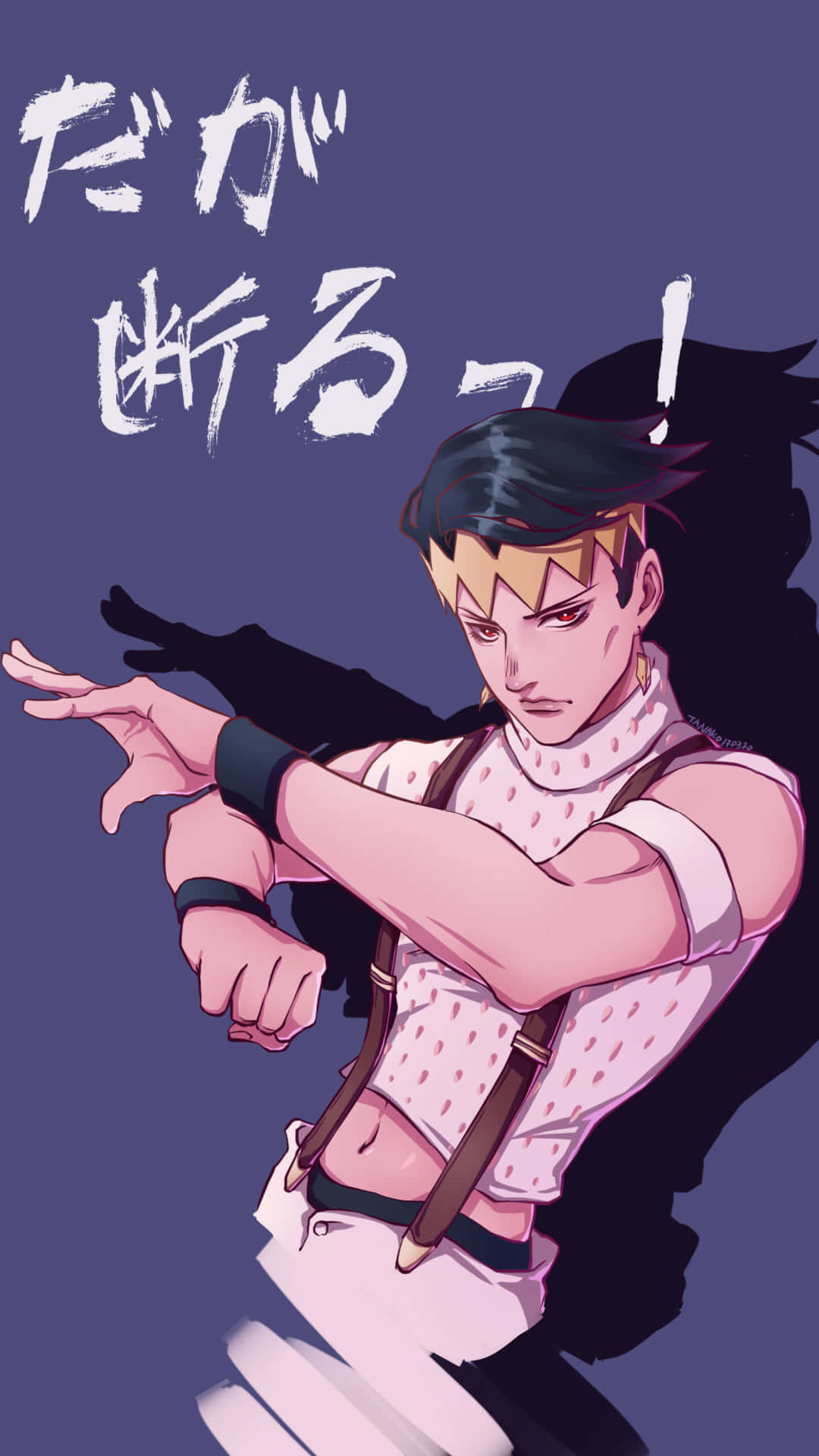 Caption: Rohan Kishibe striking a pose in his iconic outfit. Wallpaper