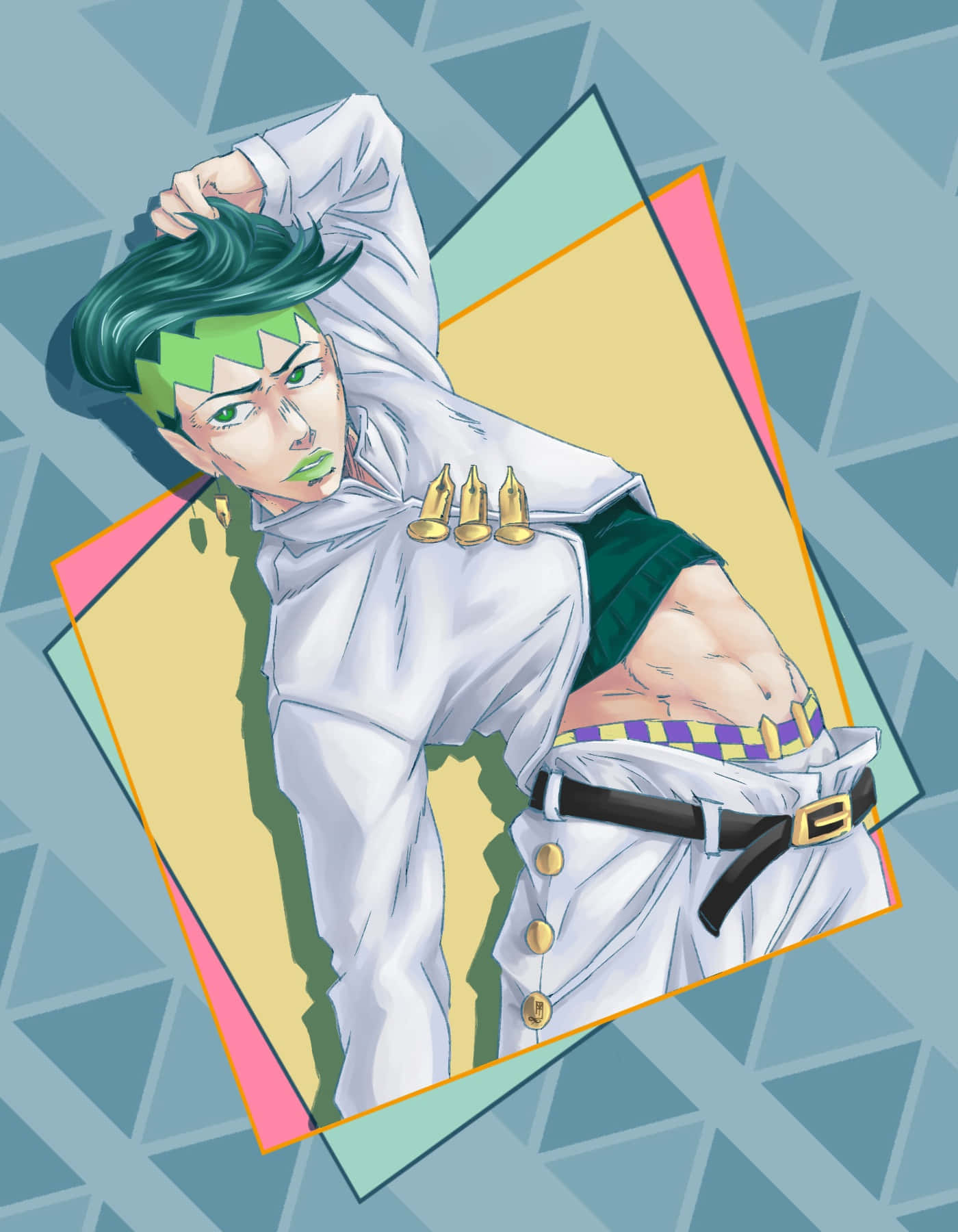 Rohan Kishibe striking a pose in front of his artwork Wallpaper