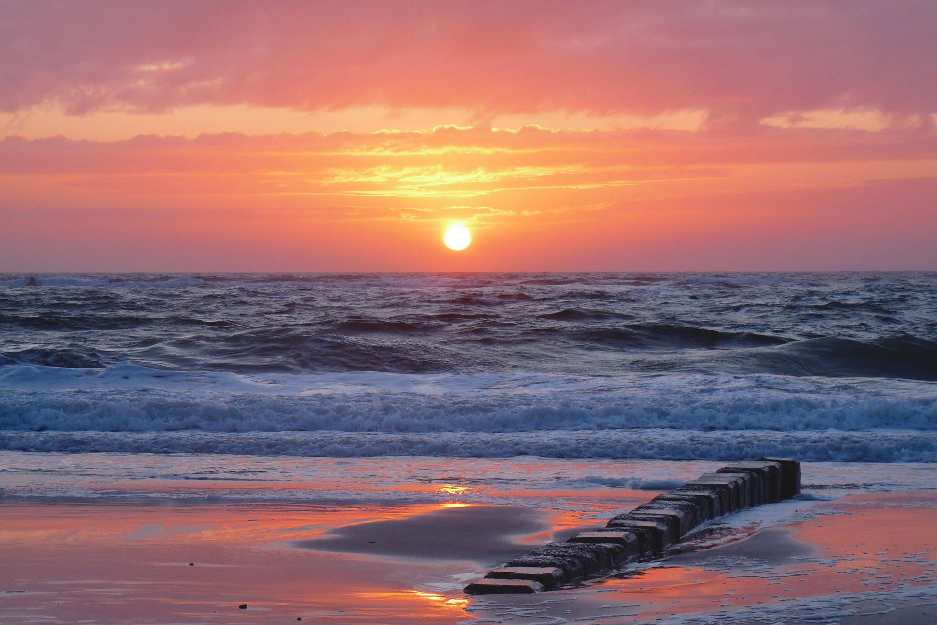 Rolling Beach Waves Sunset Desktop Wallpaper