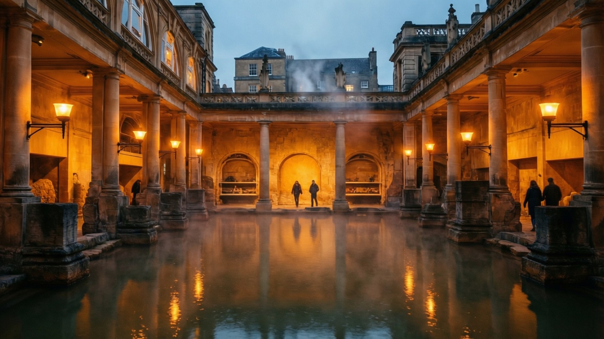 Kväll vid de romerska baden med varmt lamp- ljus och reflektioner