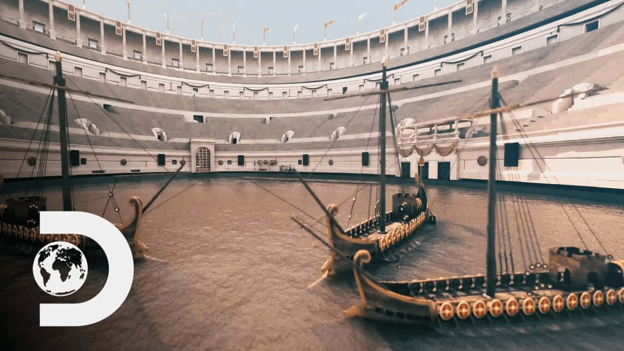 A Boat Is In The Water In Front Of A Large Stadium