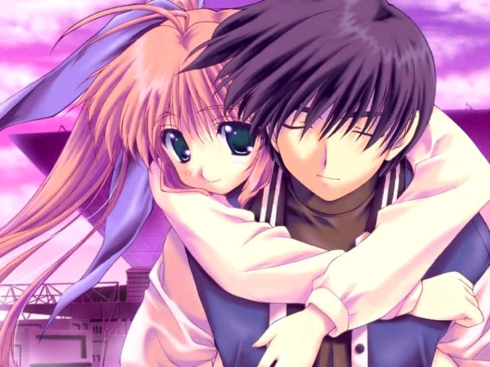 Romance Anime Couple Back Hug Wallpaper