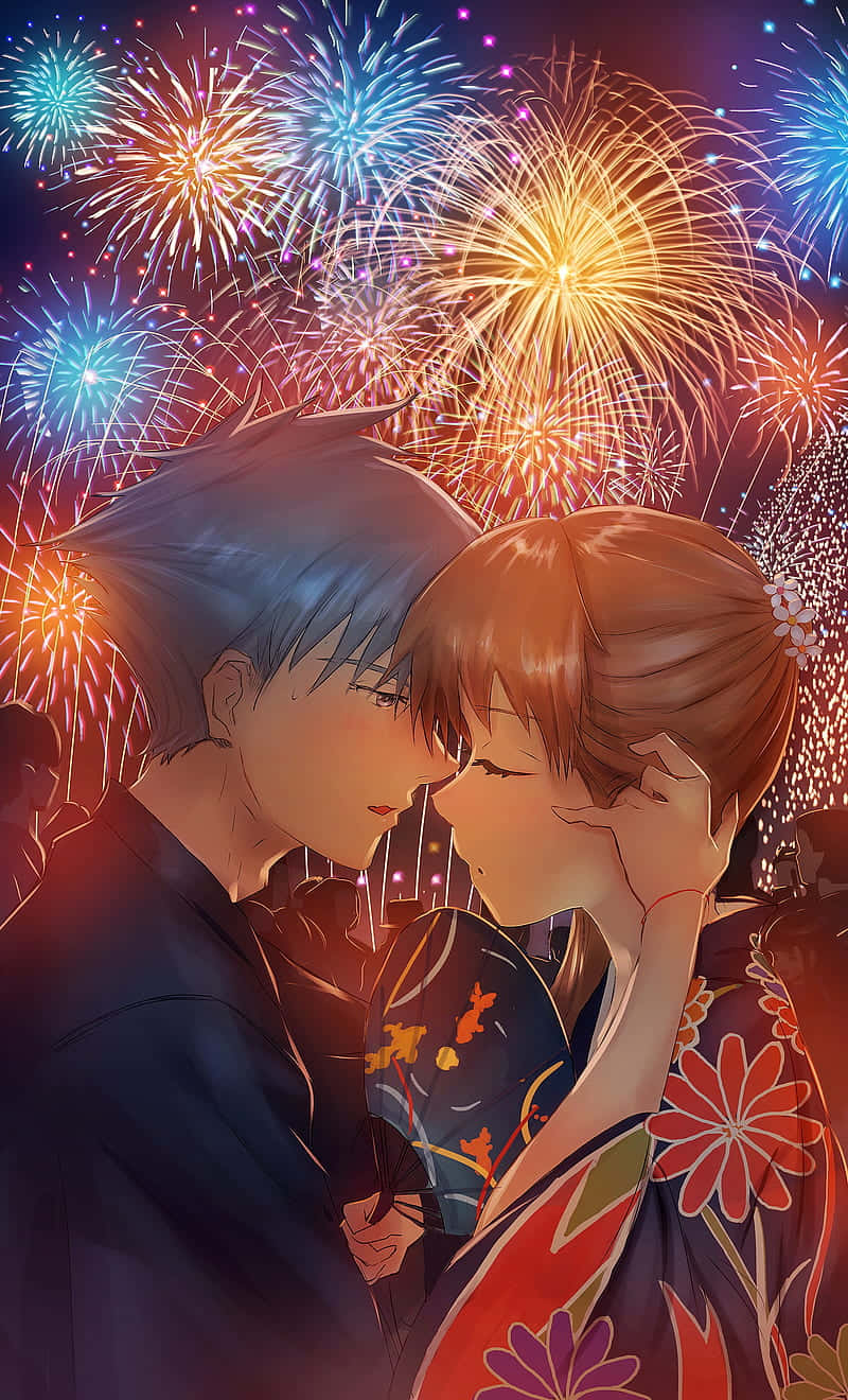 Romantischesanime-paar, Das Sich Beim Feuerwerksfestival Küsst. Wallpaper