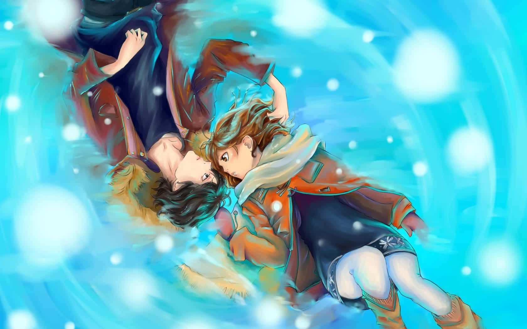 Parejade Romance De Anime Acostada Sobre El Azul. Fondo de pantalla