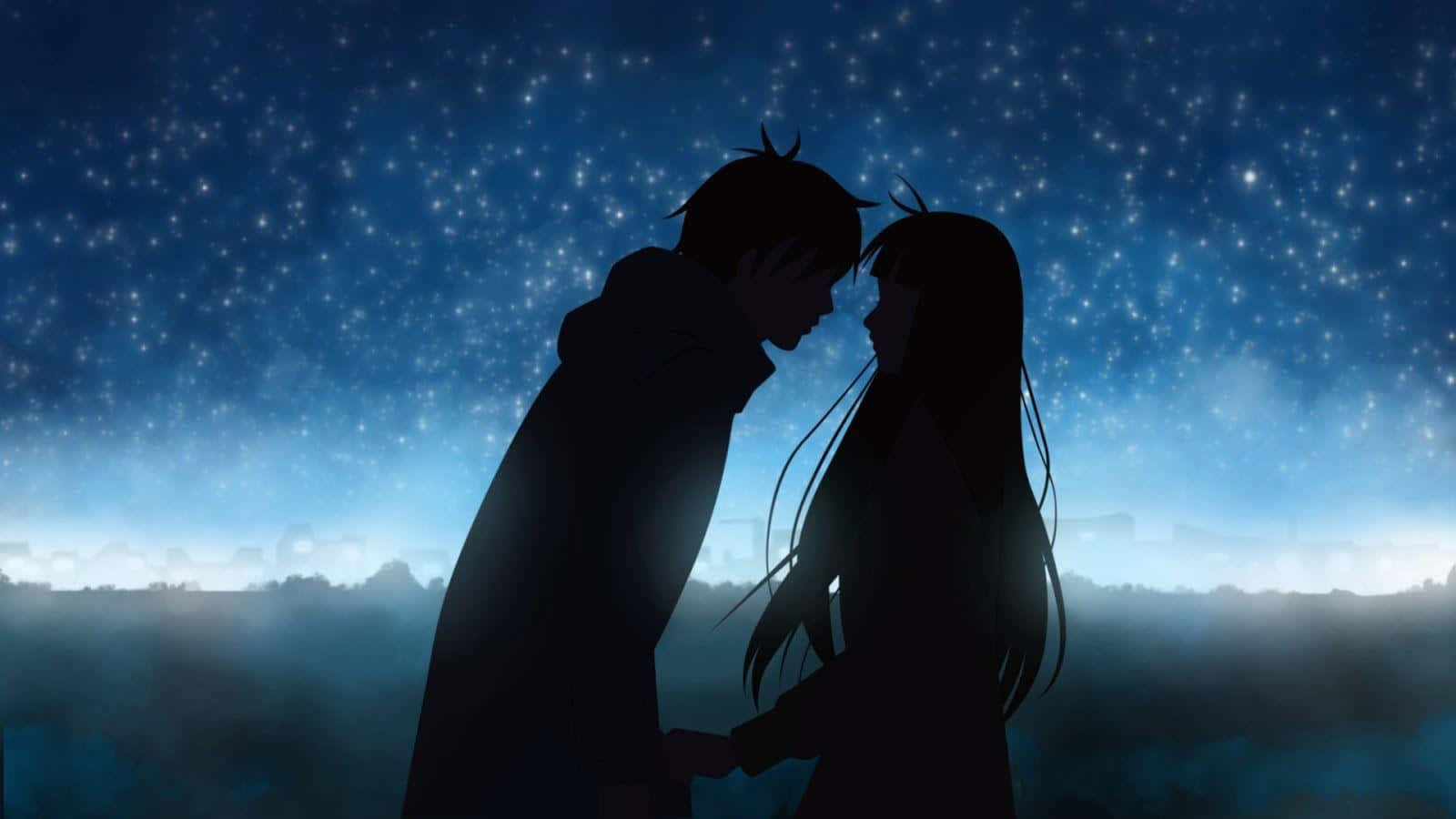 Parejade Anime Romántica En Silueta Sobre Un Cielo Nocturno Azul. Fondo de pantalla