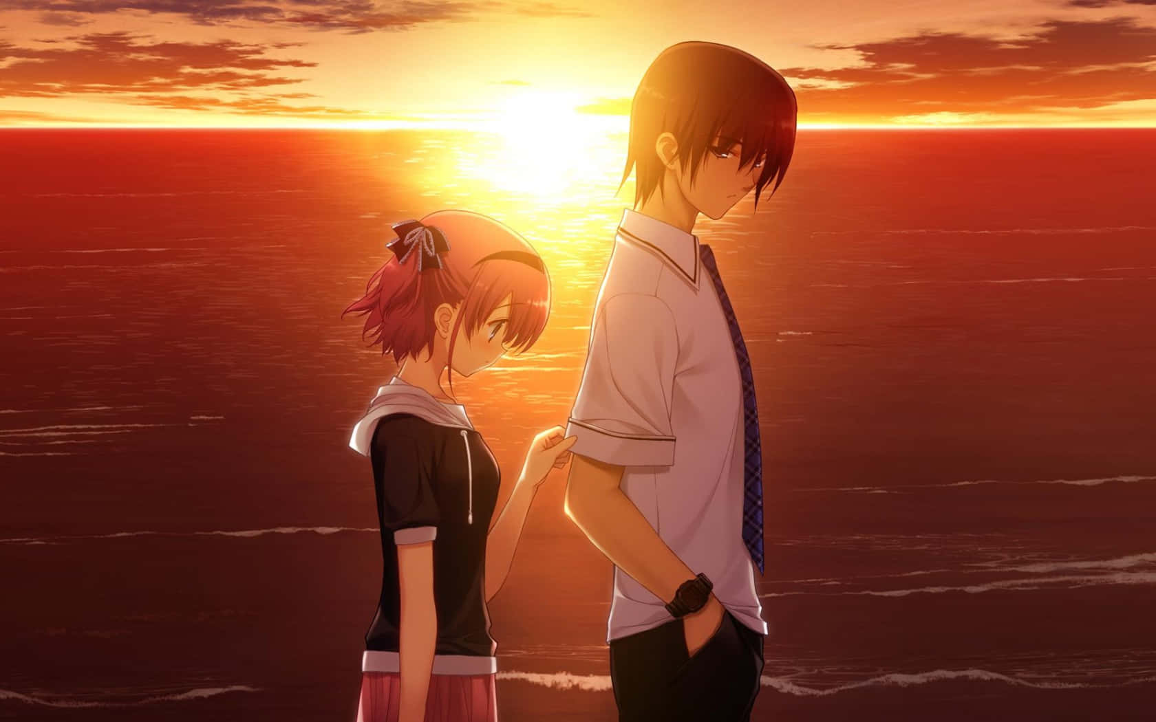 Romance Anime Couple With Ocean Sunset Wallpaper