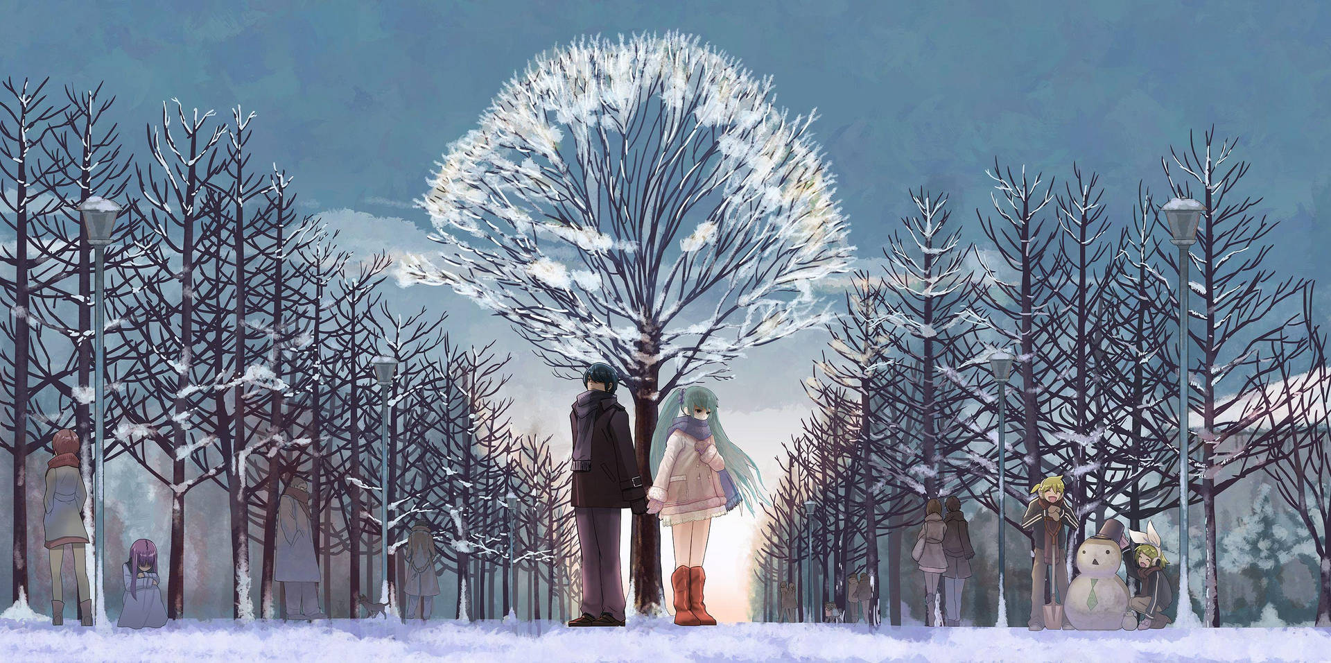 Romantic Anime Couple During Winter Background