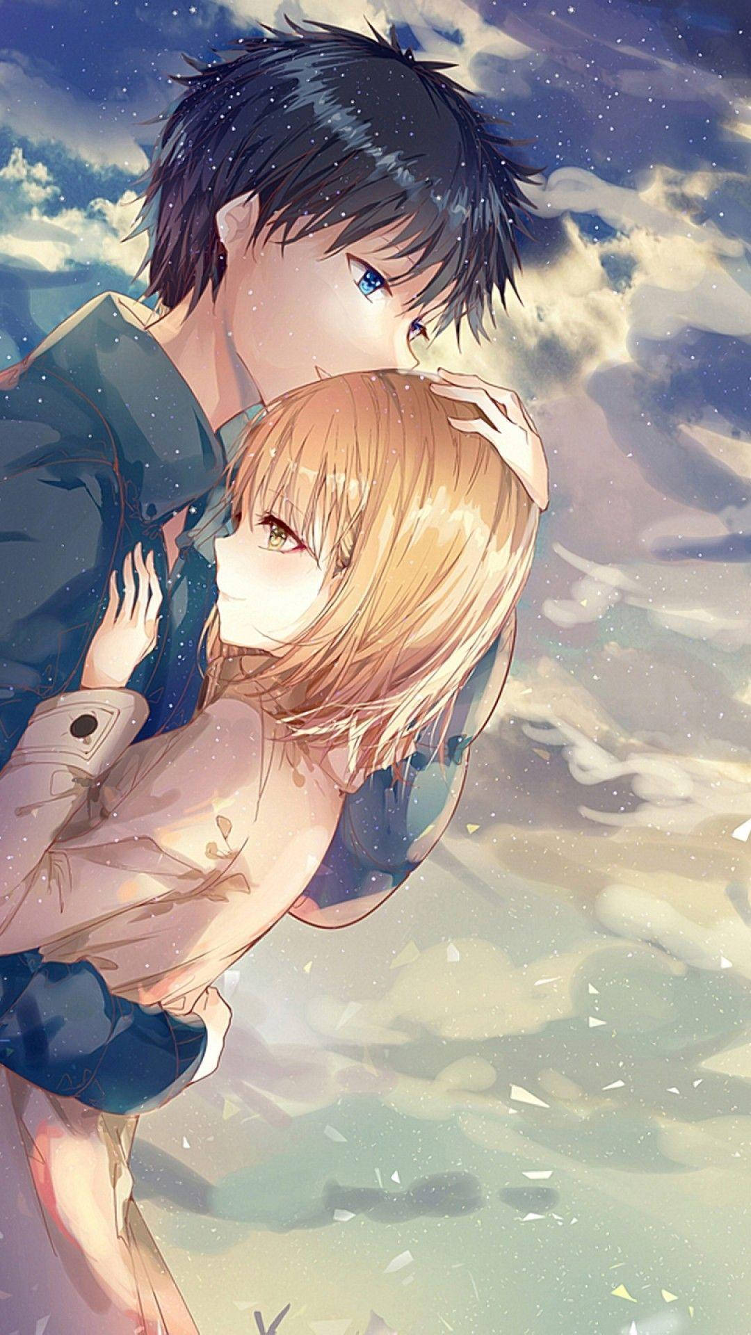 Romantic Anime Couple Hugging Under Sky Wallpaper