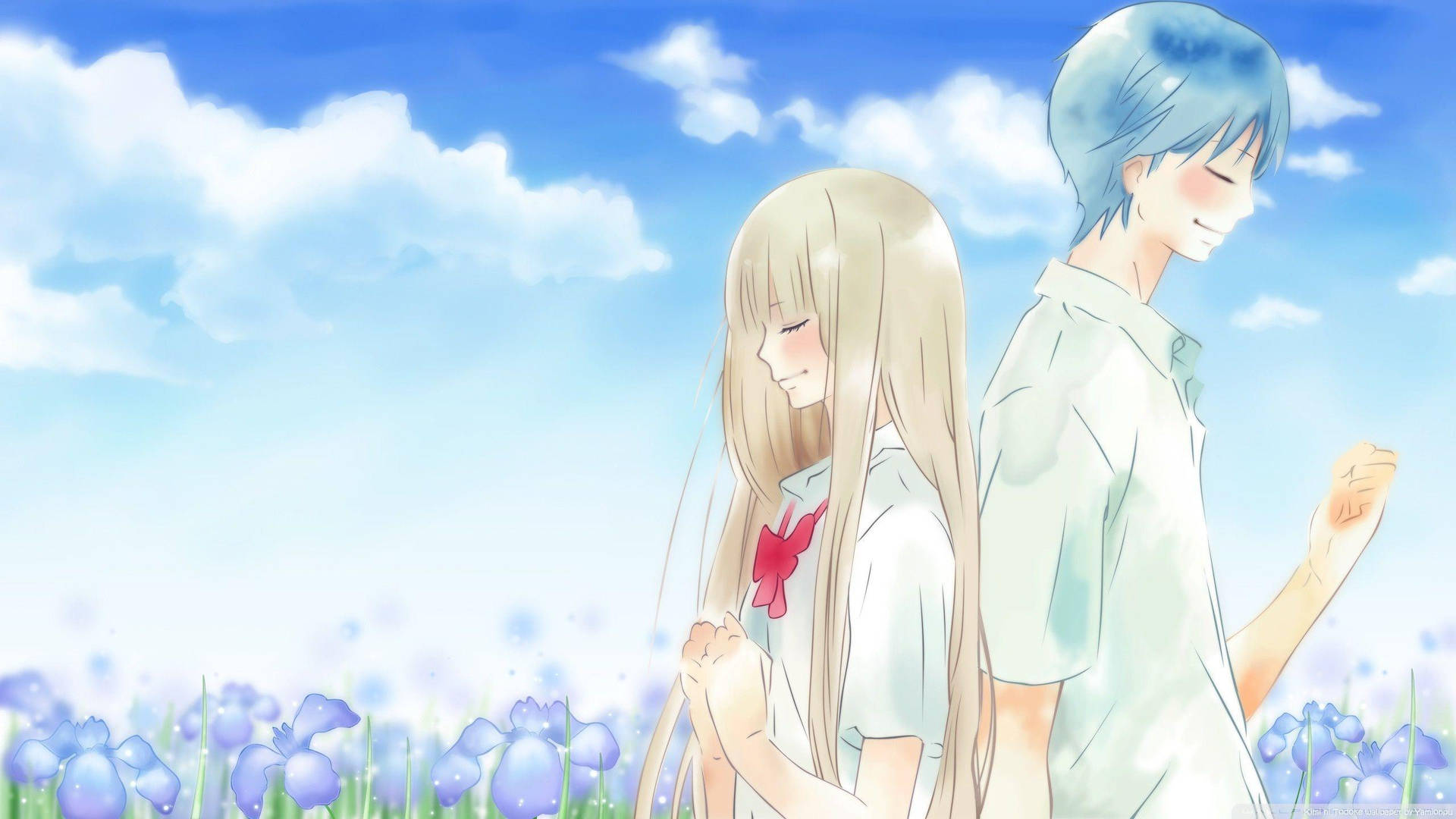 Romantic Anime Couple In Blue Field