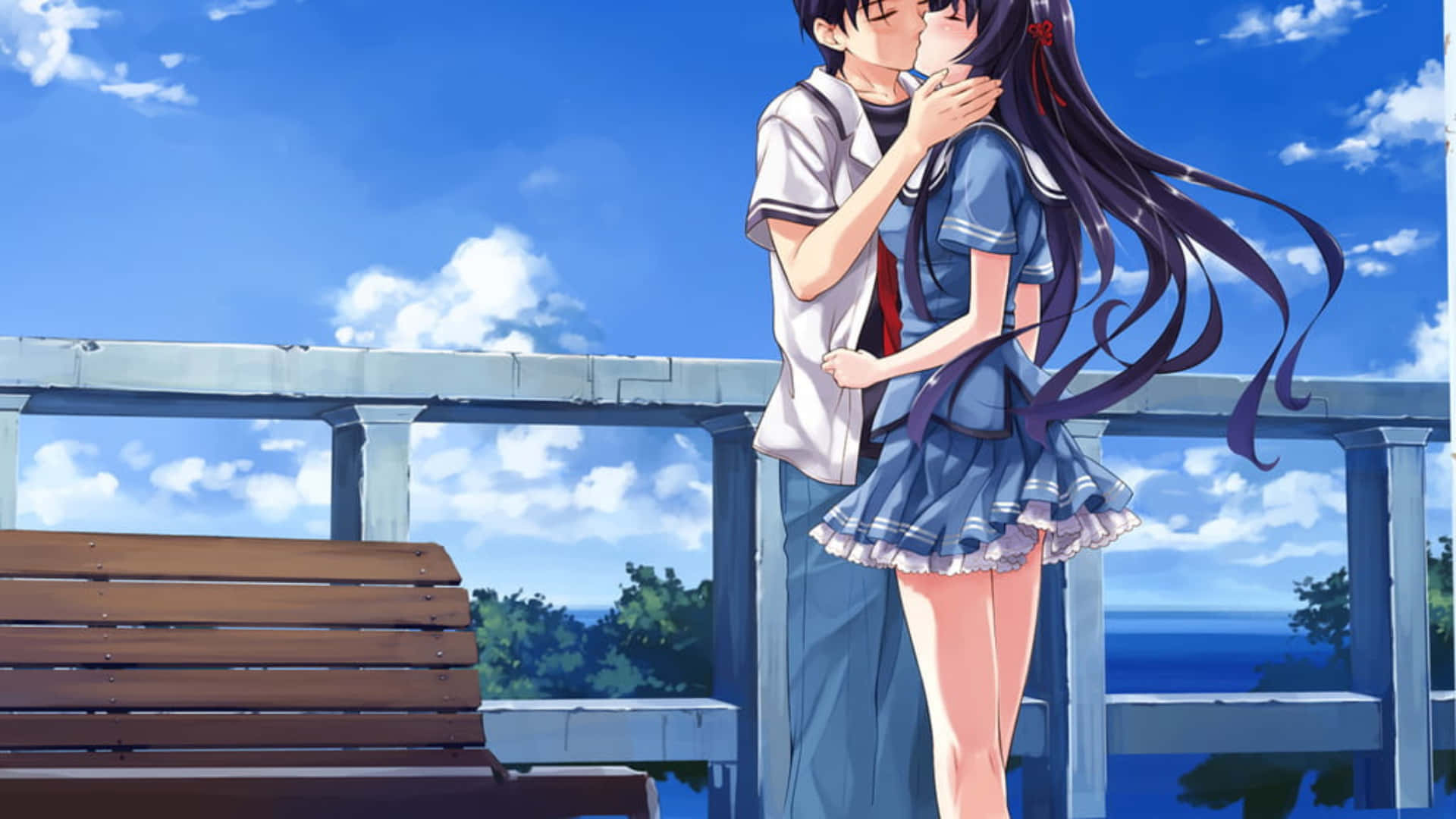 Romantic_ Anime_ Couple_ Kiss_ By_ The_ Sea Wallpaper