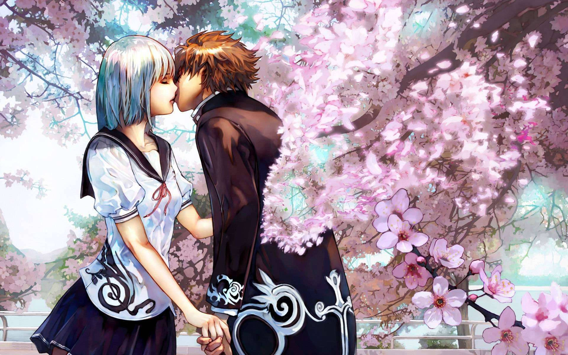 Romantiskanime-par Kysser Under En Sakura-träd. Wallpaper