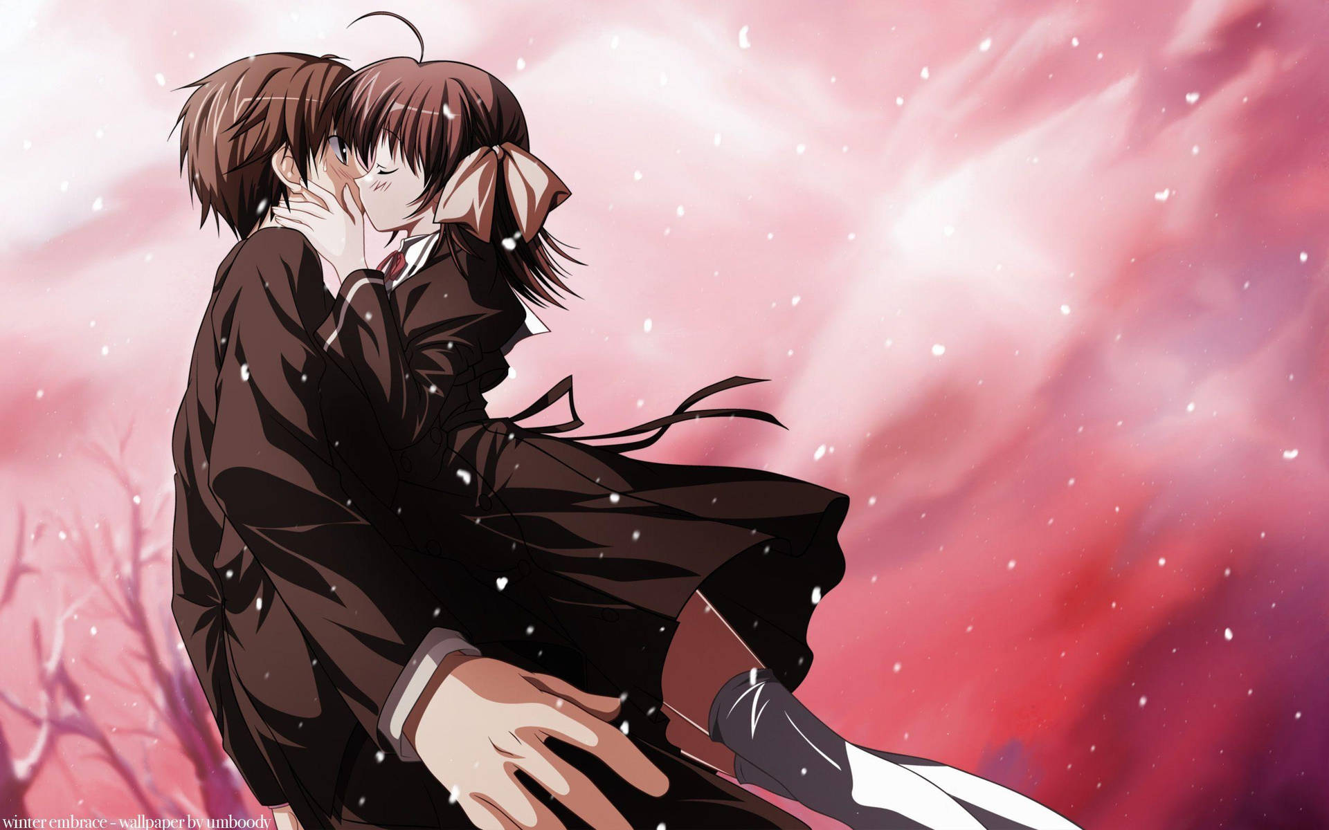 Romantic Anime Couple Kissing Pink Sky Background