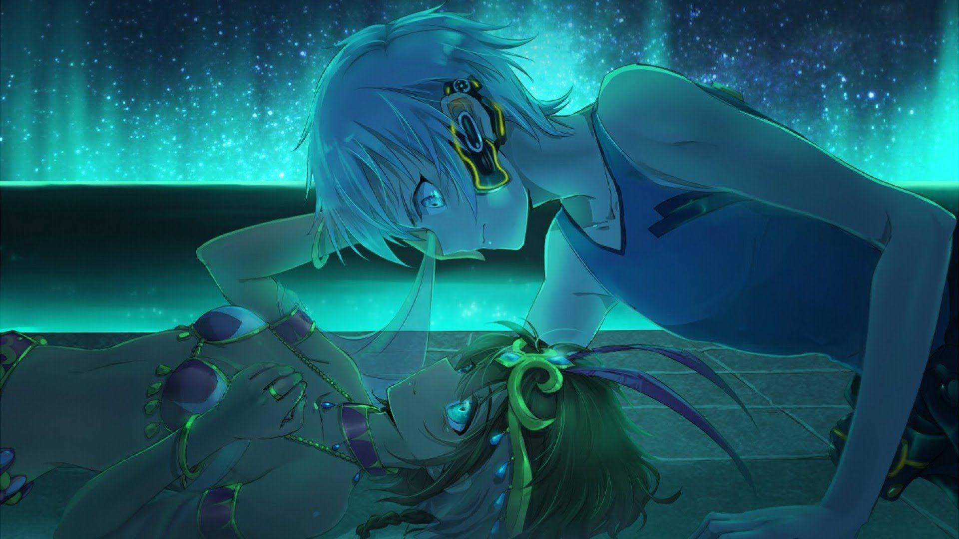 Romantic Anime Couple On Ground Background