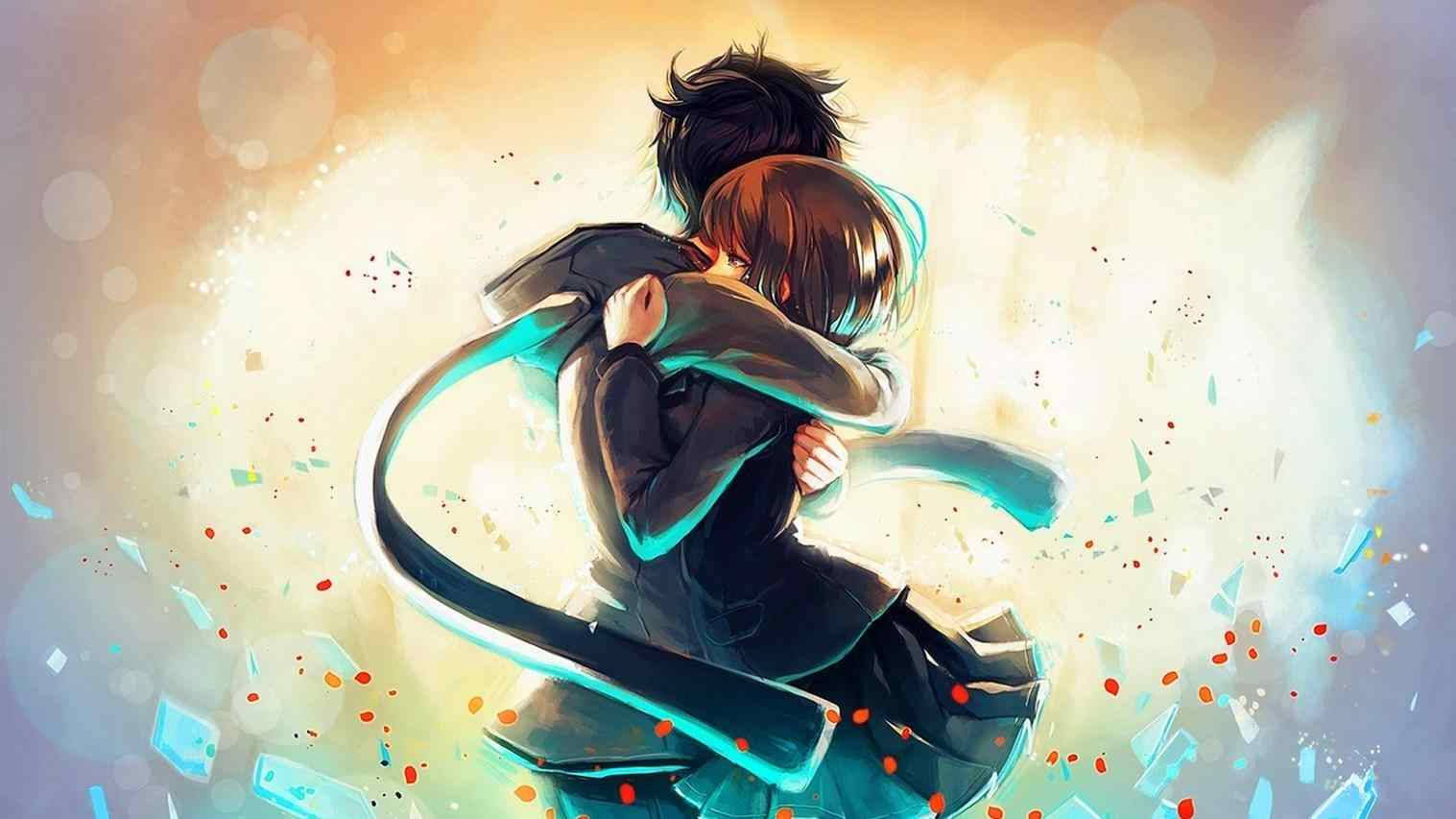 Romantic Anime Couple Tightly Hugging Wallpaper