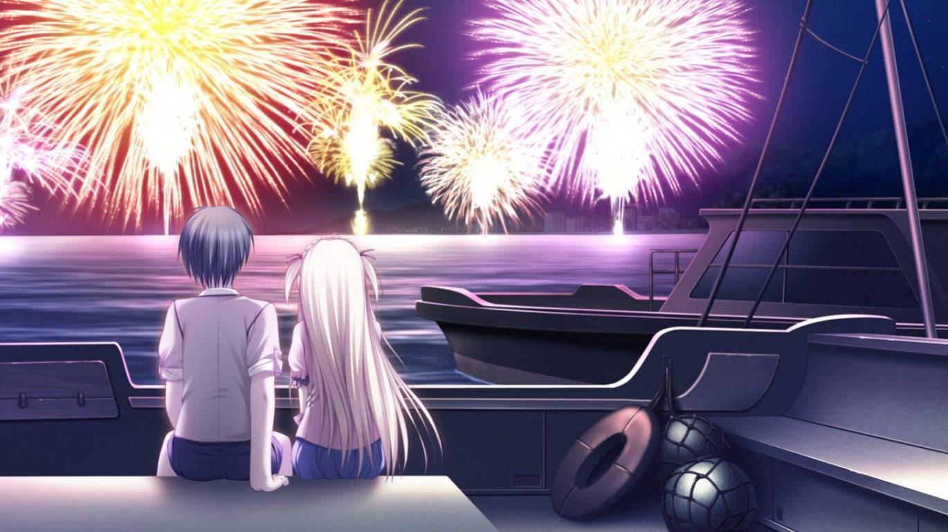 Anime Romantiche Coppie Fuochi D'artificio Barca Sfondo