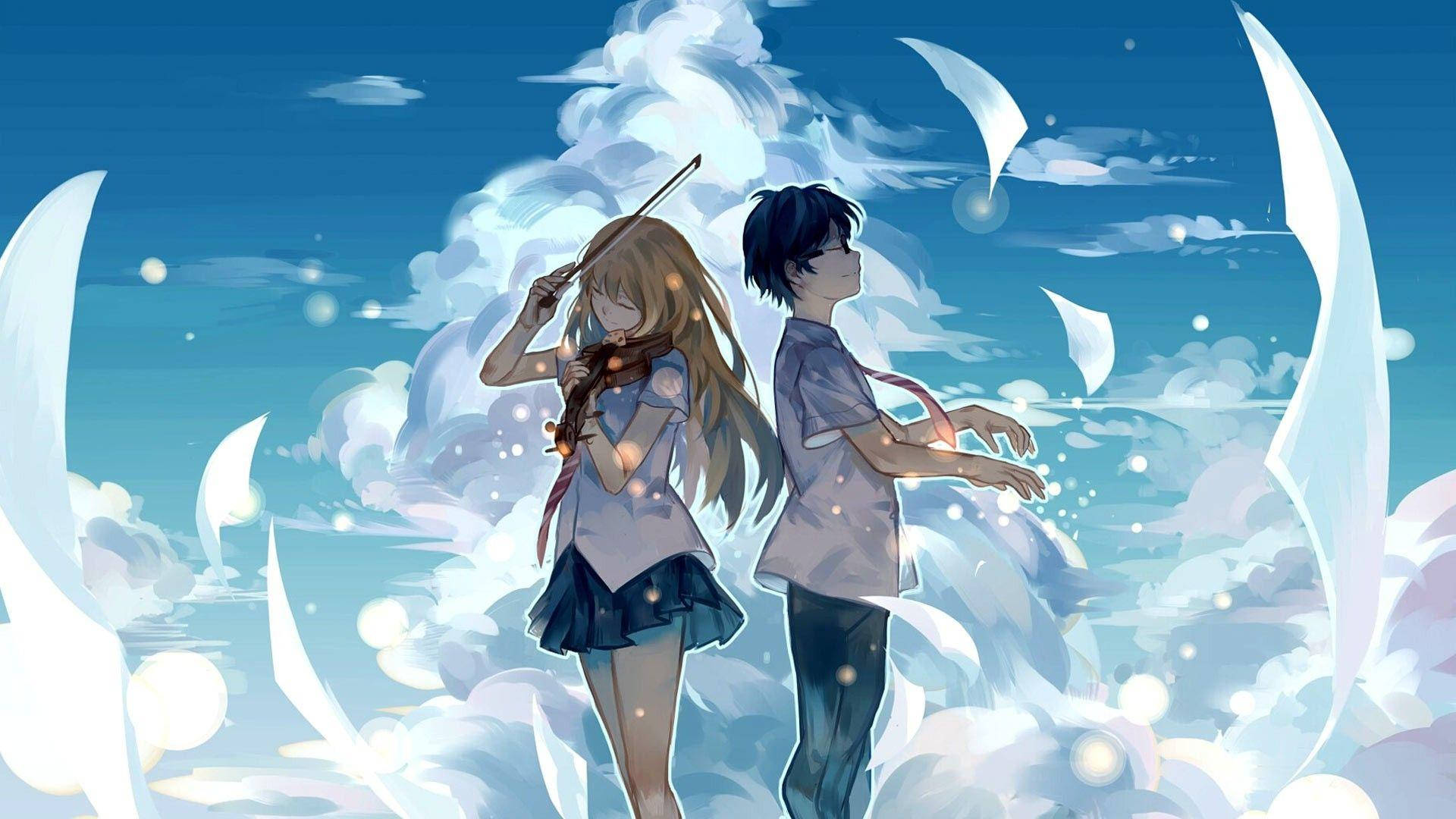 Romantiske Anime Par Kaori Violin Himlen Wallpaper