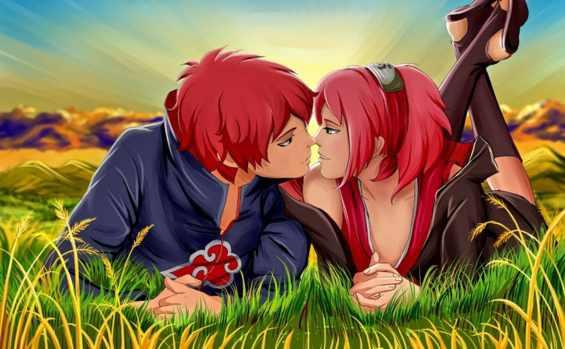 Romantisk Anime Par Rødt Hår Solopgang Wallpaper
