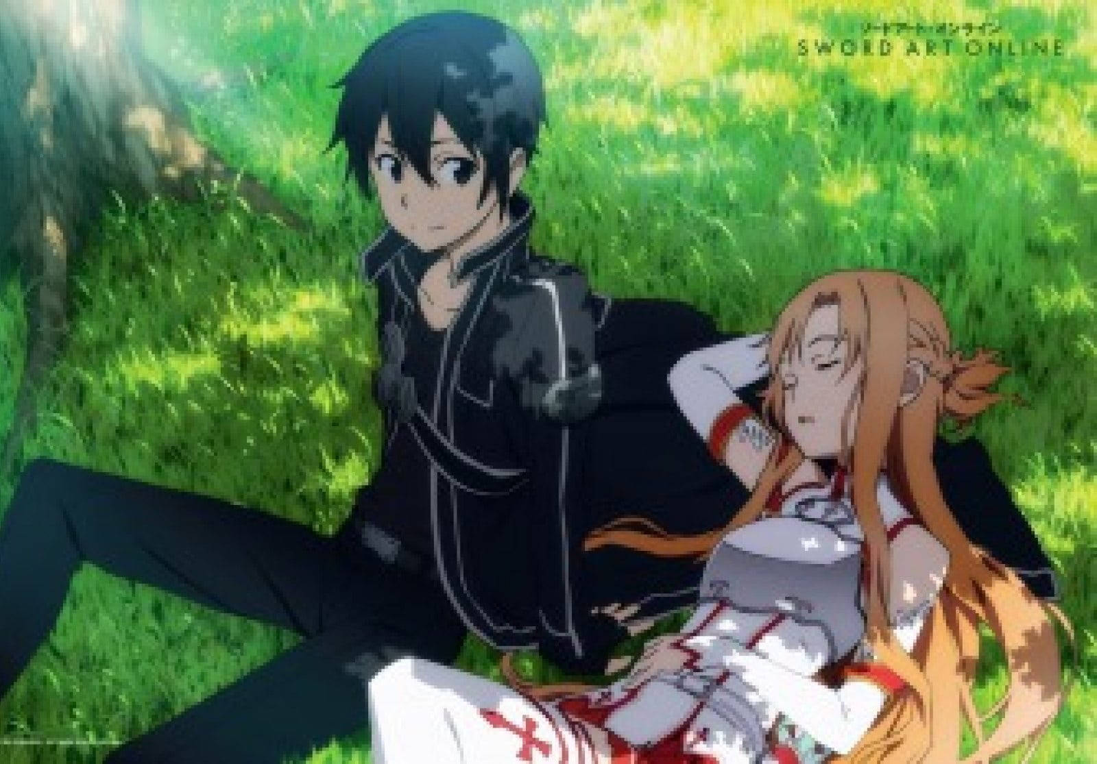 Romantiske Anime Par SAO hviler på Græs baggrund Wallpaper
