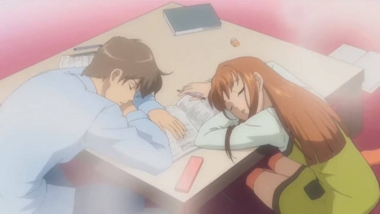 Download Romantic Anime Couples Sleeping On Table Wallpaper 
