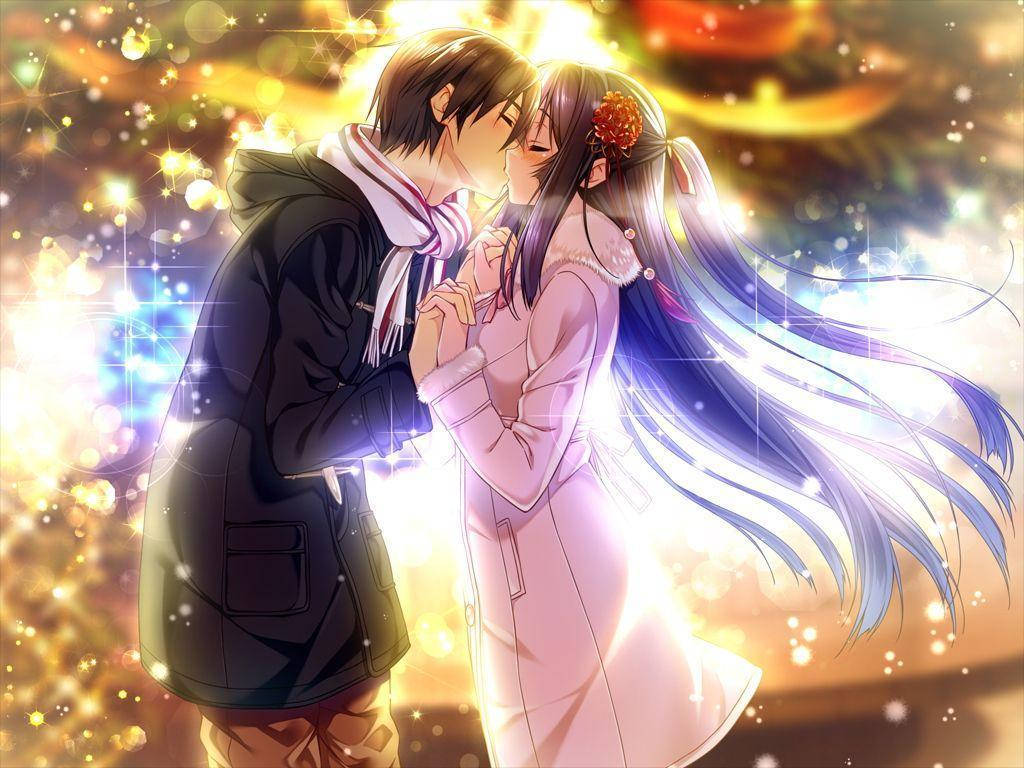 Romantic Anime Kissing While Holding Hands Wallpaper