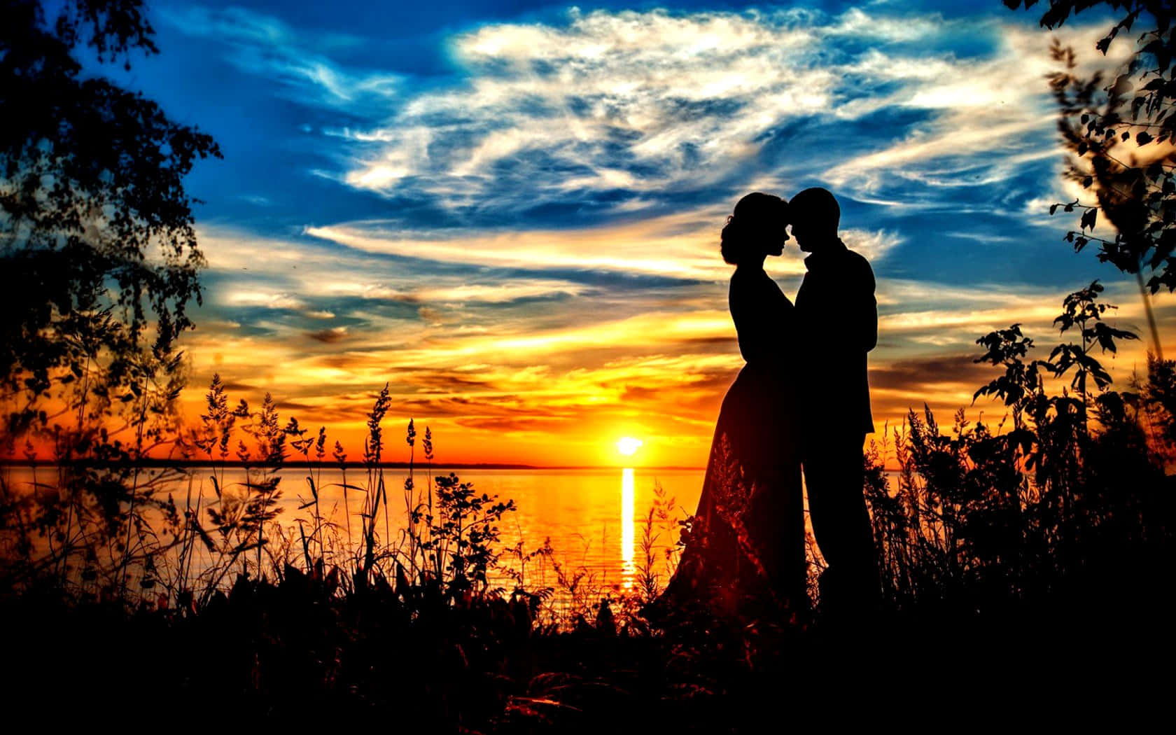 Couple Silhouette With Sunset Sky Romantic Background