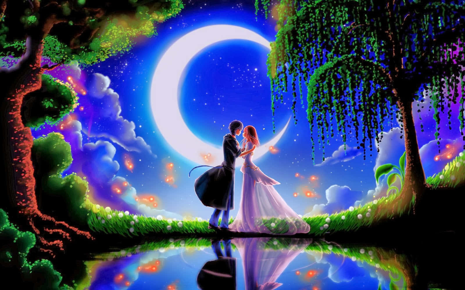 Enchanting Anime Couple With Moon Night Romantic Background