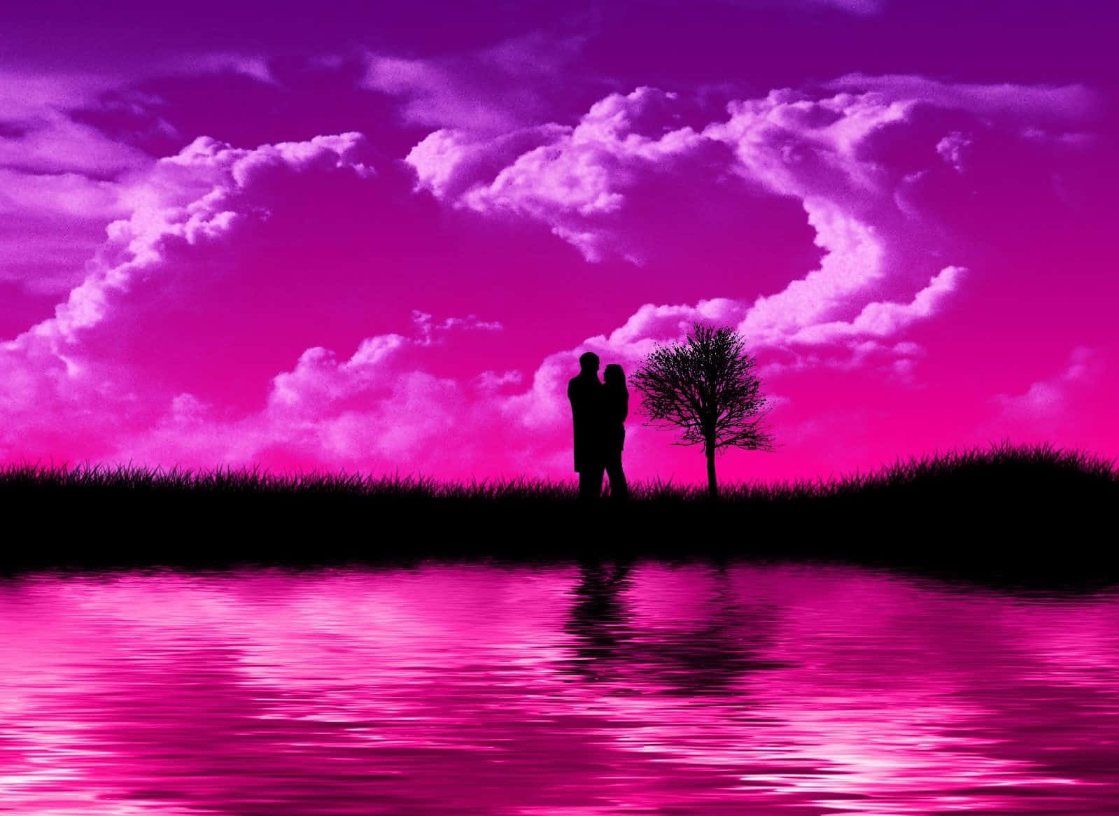 Silhouette par med romantisk pink digital illustration baggrund.