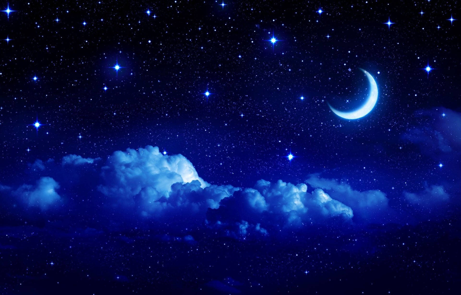 Romantic Blue Moon And Stars Wallpaper