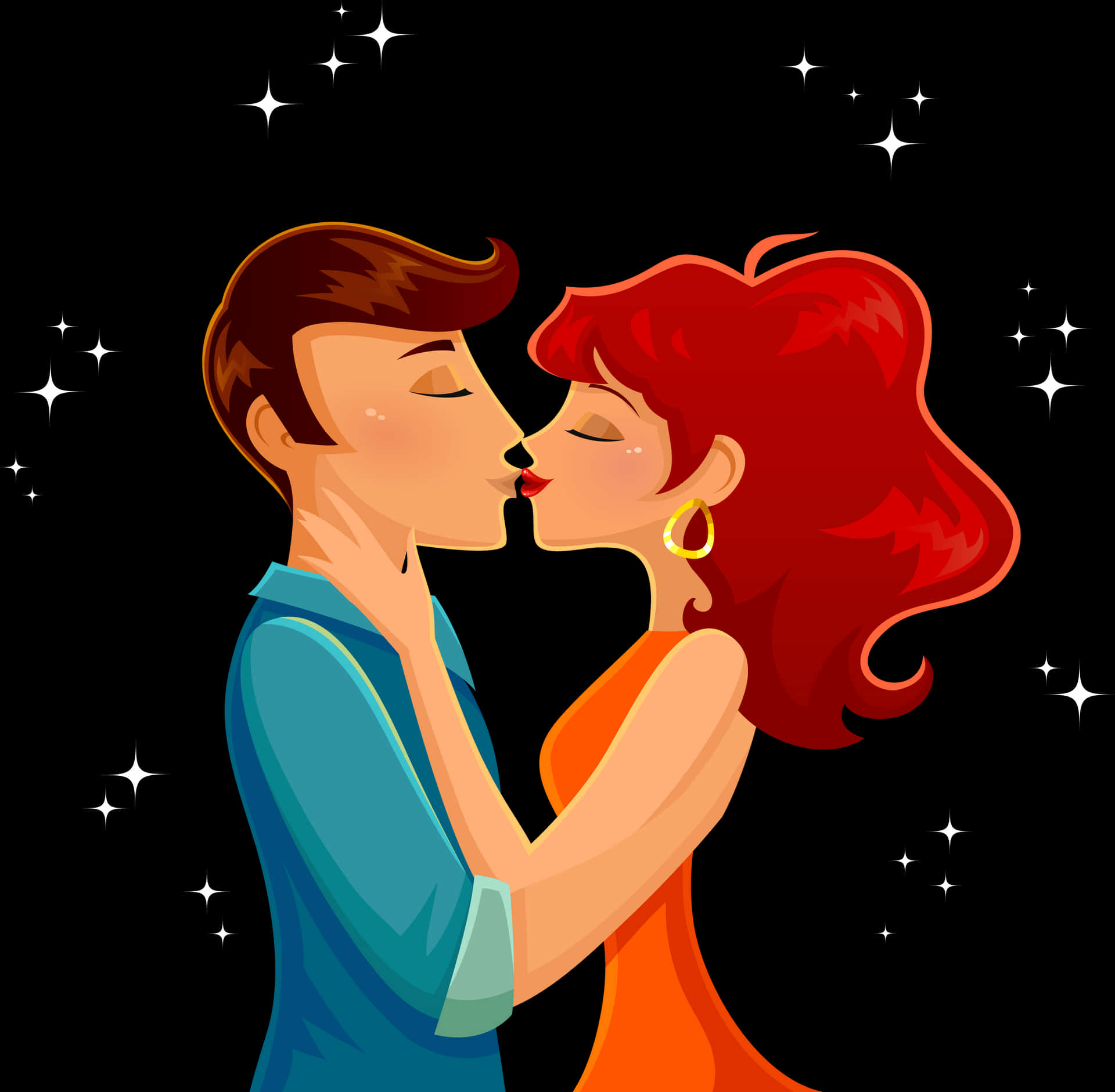 Romantic Cartoon Couple Kissing Stars Background PNG