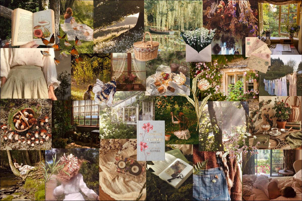 Romantisk landskab Collage Cottagecore skrivebordsskærm baggrundsbillede Wallpaper