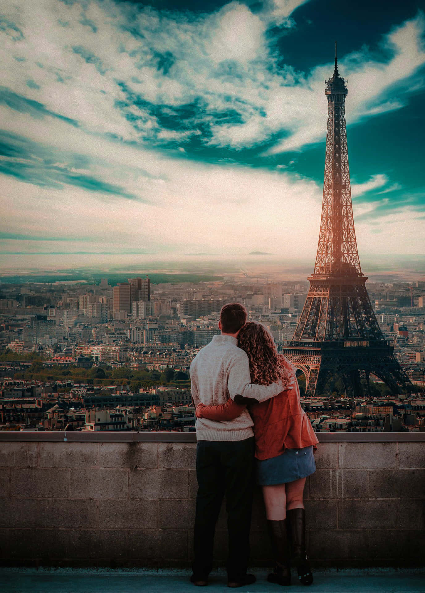 Romantic Couple Eiffel Tower View Wallpaper