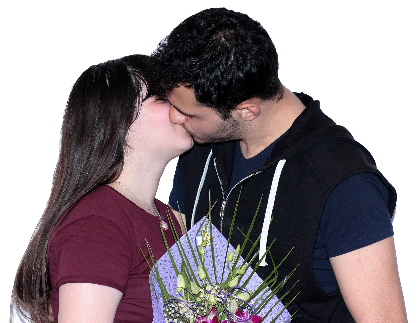 Romantic Couple Kissing With Flowers PNG