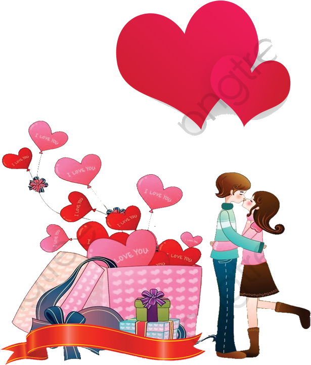 Romantic Couple Kissing With Heartsand Gifts PNG