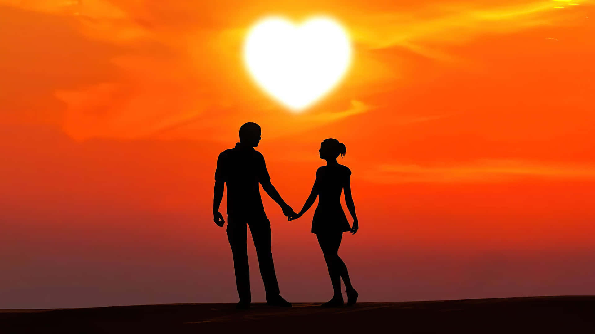 Romantic Couple Sunset Heart Silhouette Wallpaper