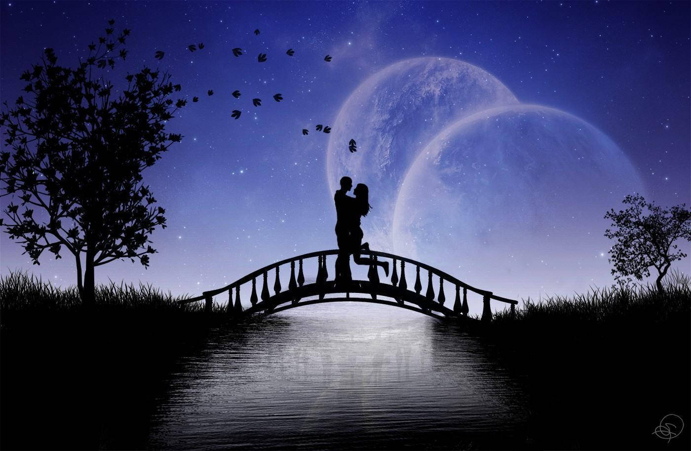 Coppie Romantiche Sul Ponte Di Notte Sfondo