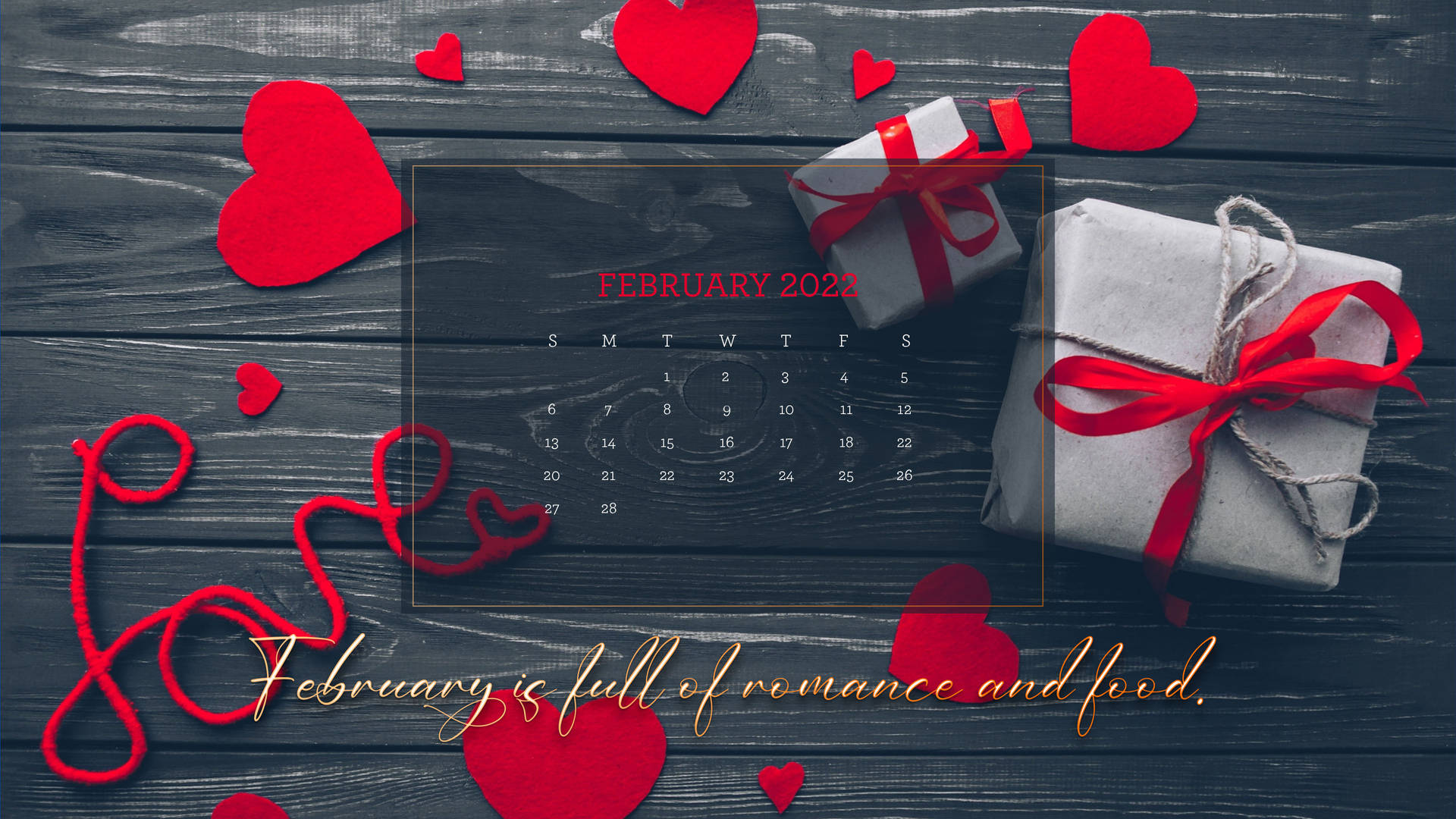 Calendarioromántico De Febrero De 2022. Fondo de pantalla