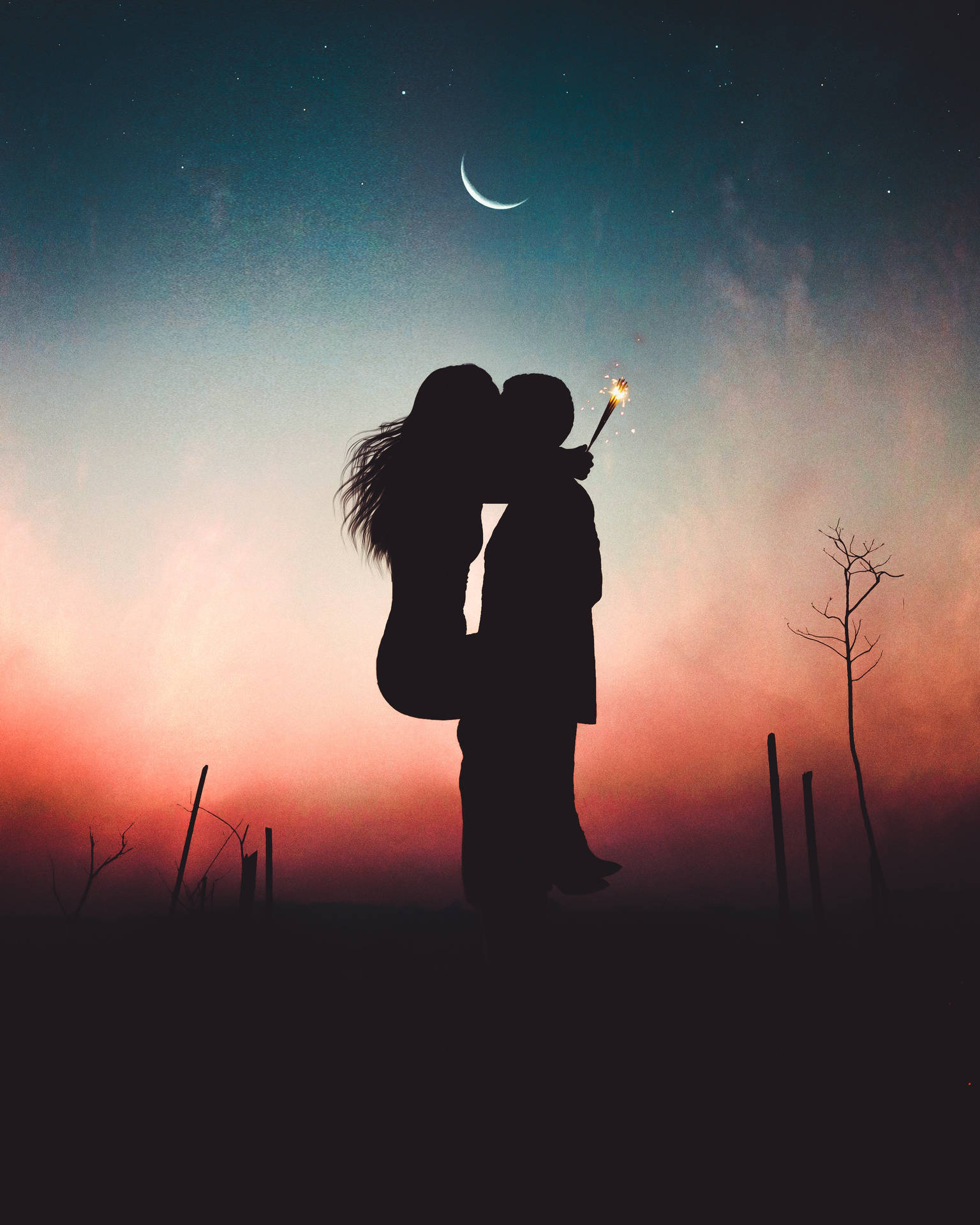 Romantic Love Couple Moon Wallpaper