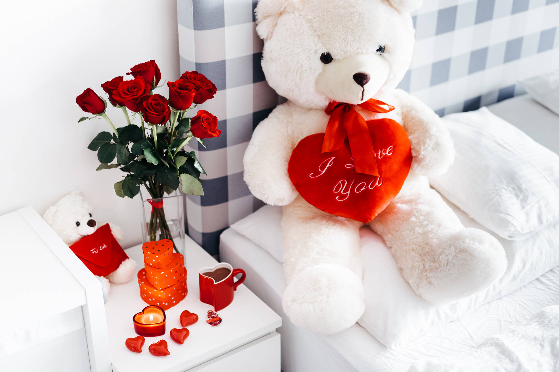Romantic Love Flowers Roses And Teddy Bear Wallpaper